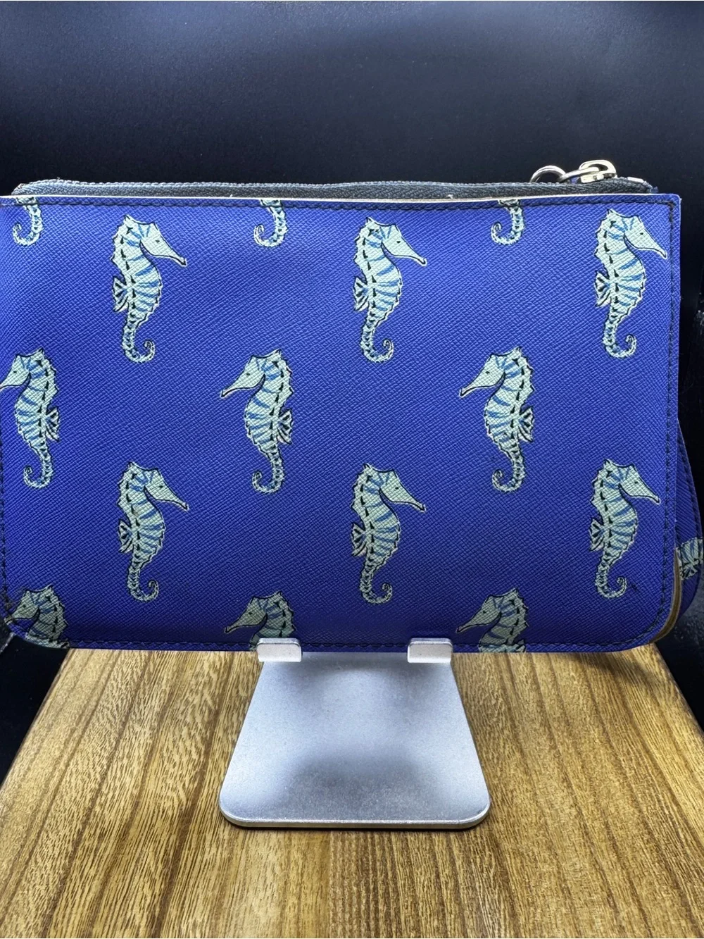 Kate Spade Blue Seahorse Print Wristlet with Zip Pocket